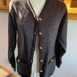 Black and White Knit Cardigan with Gold Buttons